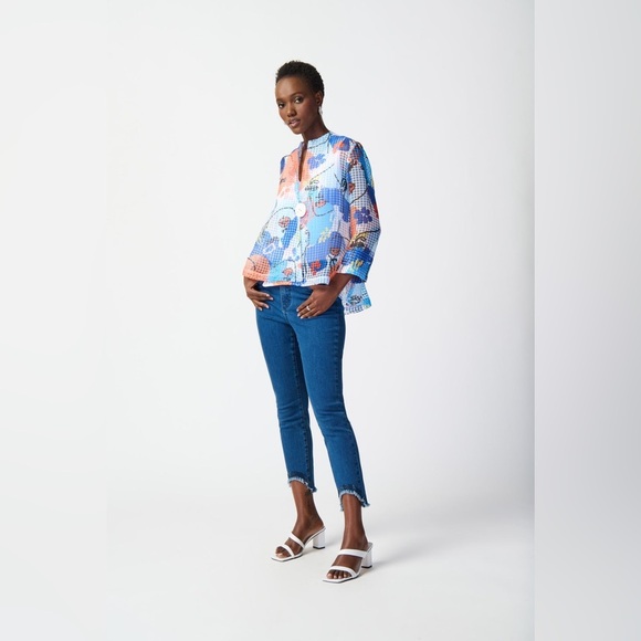 ✨ Joseph Ribkoff Organza Face Print Swing Jacket size 16 - Picture 5 of 17